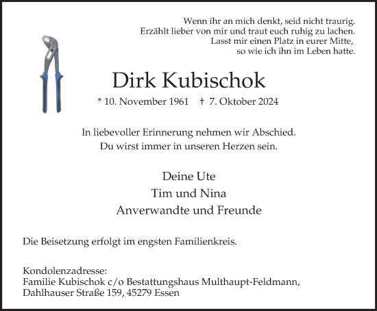Traueranzeige von Dirk Kubischok von Tageszeitung