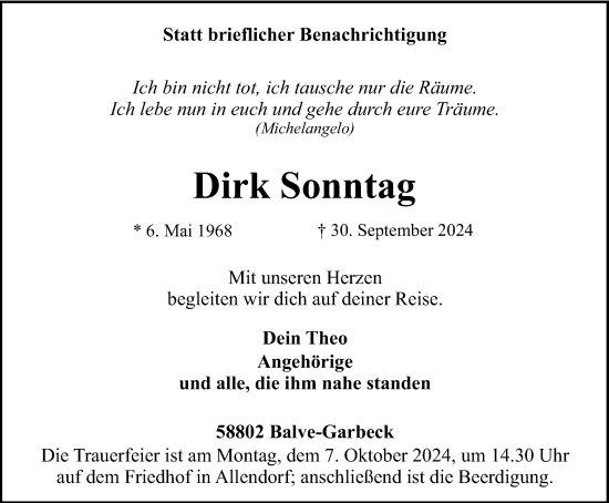 Traueranzeige von Dirk Sonntag von Tageszeitung