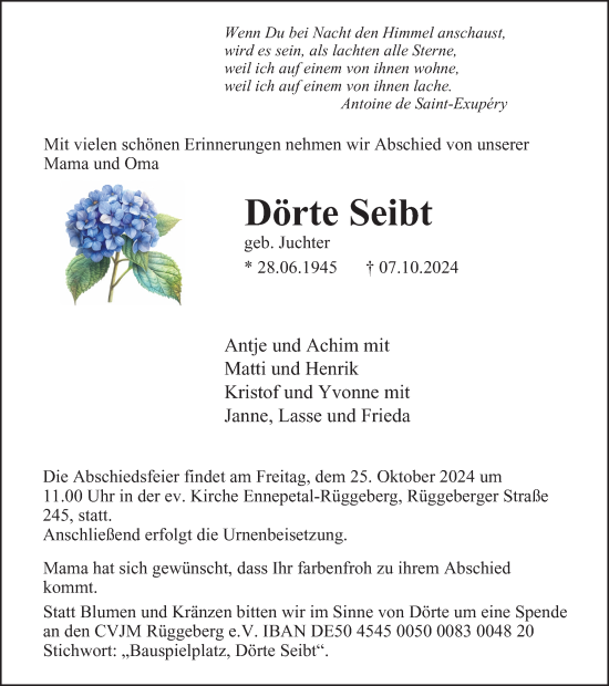 Traueranzeige von Dörte Seibt von Tageszeitung