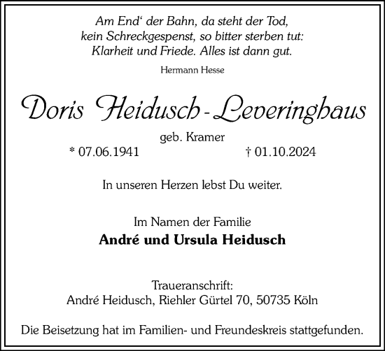 Traueranzeige von Doris  Heidusch-Leveringhaus von Tageszeitung