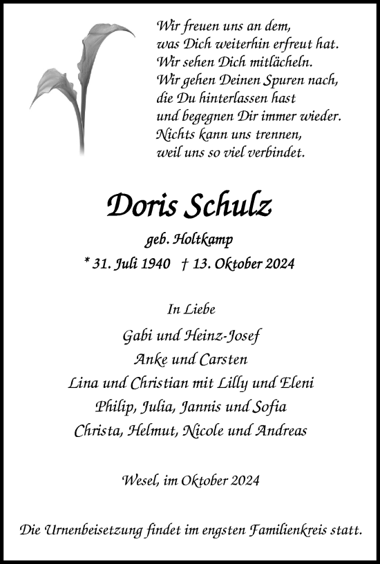 Traueranzeige von Doris Schulz von Tageszeitung