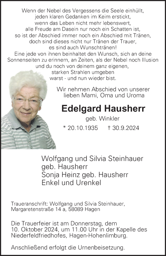 Traueranzeige von Edelgard Hausherr von Tageszeitung