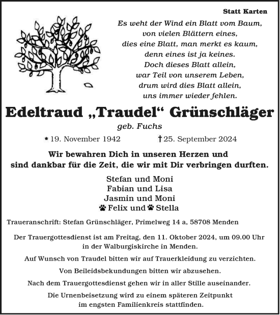 Traueranzeige von Edeltraud  Grünschläger von Tageszeitung