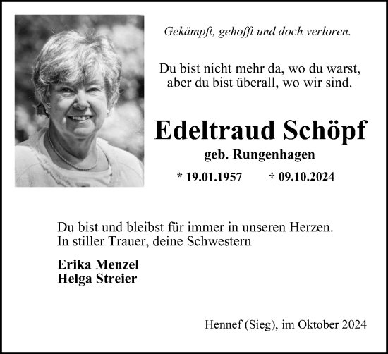 Traueranzeige von Edeltraud Schöpf von Tageszeitung