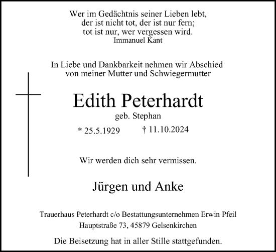 Traueranzeige von Edith Peterhardt von Tageszeitung