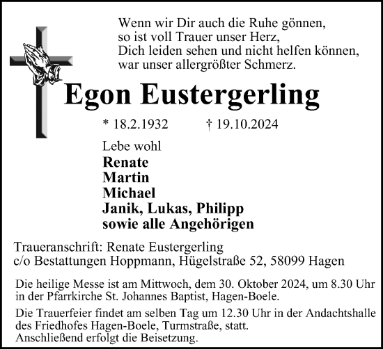 Traueranzeige von Egon Eustergerling von Tageszeitung