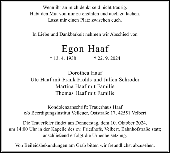 Traueranzeige von Egon Haaf von Tageszeitung