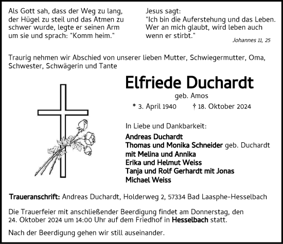 Traueranzeige von Elfriede Duchardt von Tageszeitung