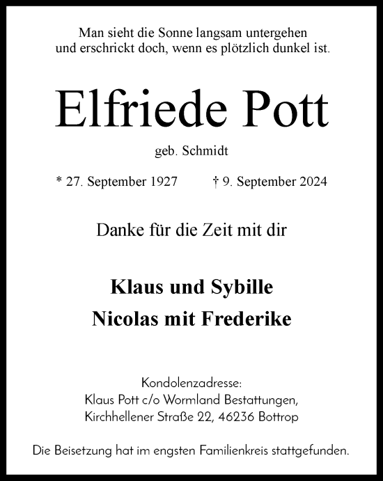 Traueranzeige von Elfriede Pott von Tageszeitung