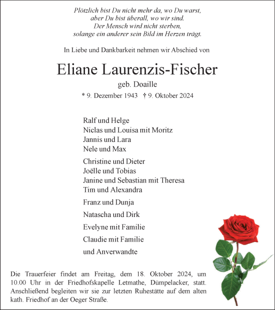Traueranzeige von Eliane Laurenzis-Fischer von Tageszeitung