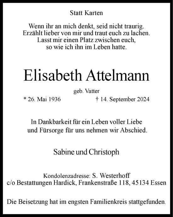 Traueranzeige von Elisabeth Attelmann von Tageszeitung