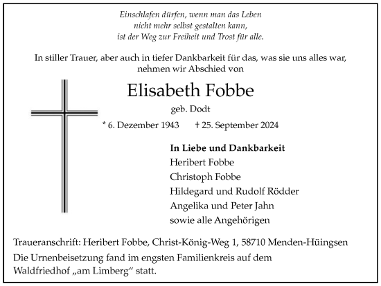 Traueranzeige von Elisabeth Fobbe von Tageszeitung