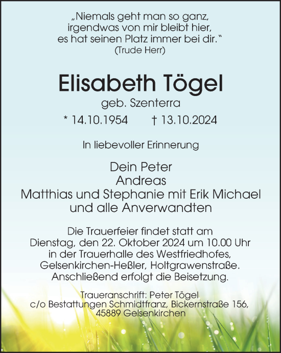 Traueranzeige von Elisabeth Tögel von Tageszeitung