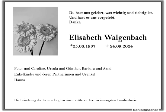 Traueranzeige von Elisabeth Walgenbach von Tageszeitung