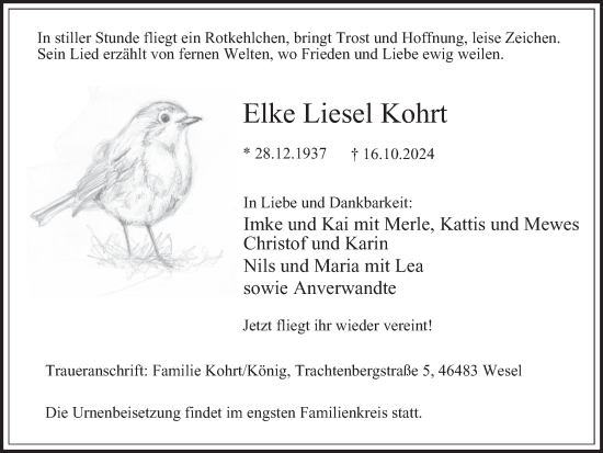 Traueranzeige von Elke Liesel Kohrt von Tageszeitung