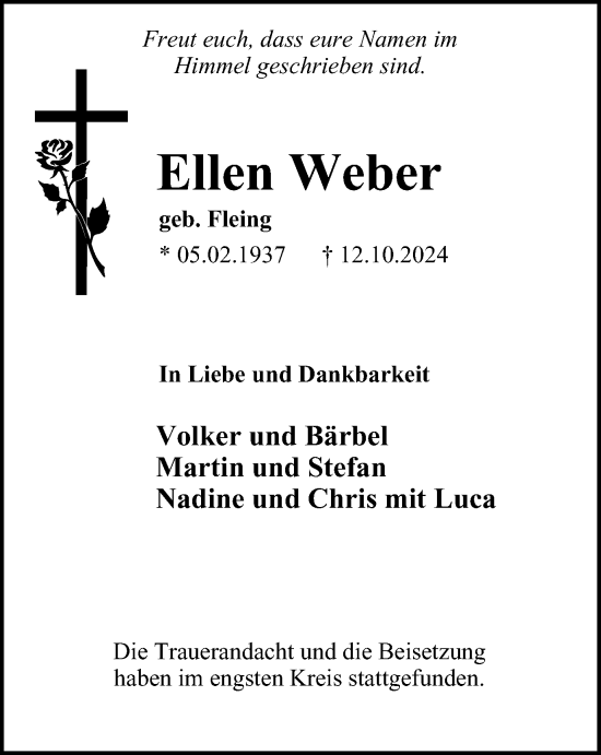 Traueranzeige von Ellen Weber von Tageszeitung