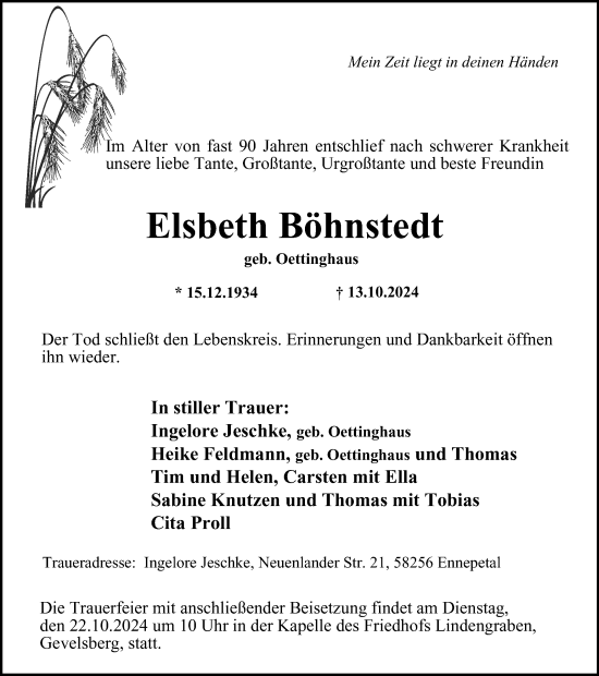 Traueranzeige von Elsbeth Böhnstedt von Tageszeitung