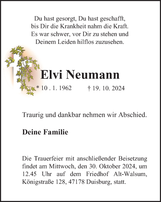 Traueranzeige von Elvi Neumann von Tageszeitung