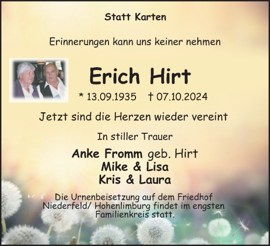 Traueranzeige von Erich Hirt von Tageszeitung