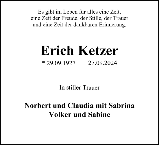 Traueranzeige von Erich Ketzer von Tageszeitung