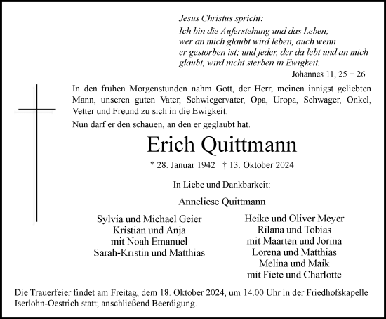 Traueranzeige von Erich Quittmann von Tageszeitung