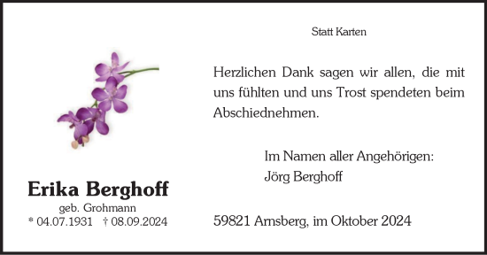 Traueranzeige von Erika Berghoff von Tageszeitung