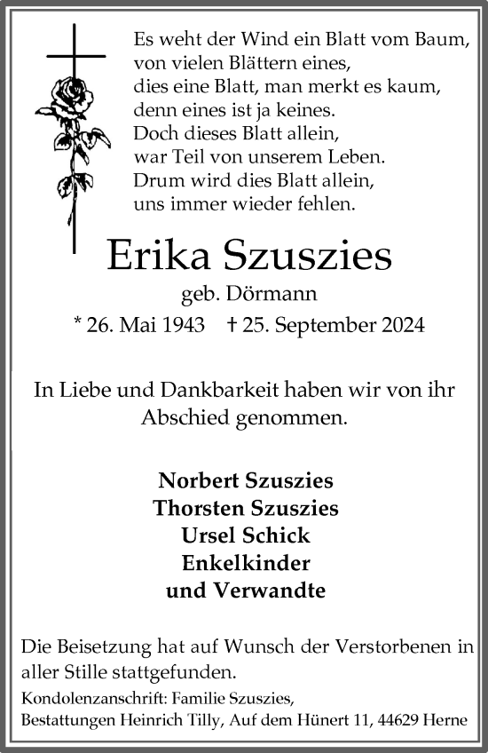 Traueranzeige von Erika Szuszies von Tageszeitung