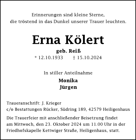 Traueranzeige von Erna Kölert von Tageszeitung