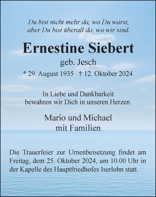 Traueranzeige von Ernestine Siebert von Tageszeitung