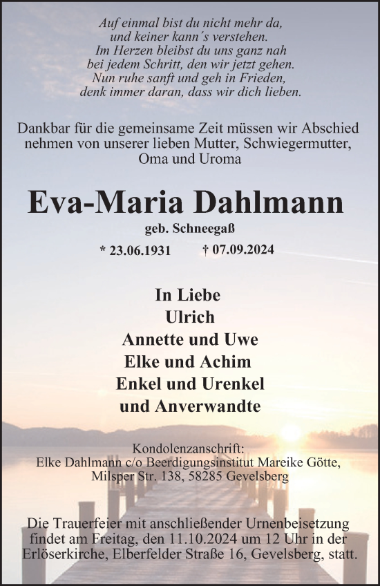 Traueranzeige von Eva-Maria Dahlmann von Tageszeitung