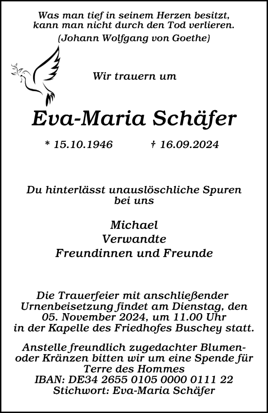 Traueranzeige von Eva-Maria Schäfer von Tageszeitung