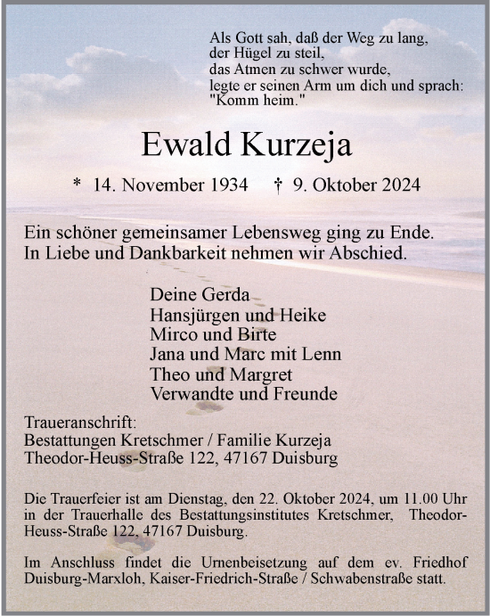 Traueranzeige von Ewald Kurzeja von Tageszeitung