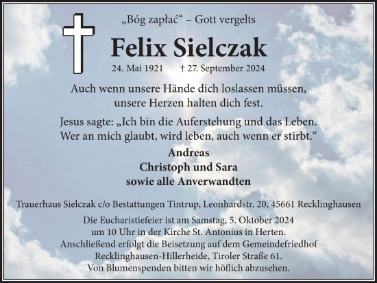 Traueranzeige von Felix Sielczak von Tageszeitung