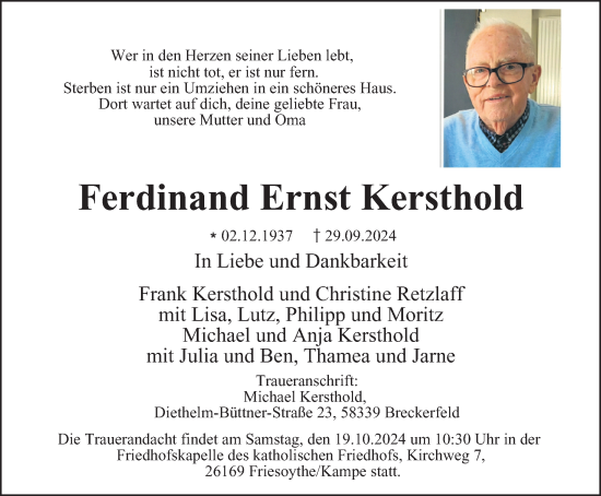 Traueranzeige von Ferdinand Ernst Kersthold von Tageszeitung