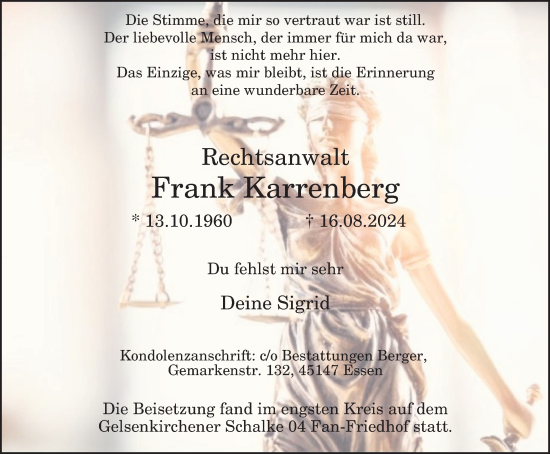 Traueranzeige von Frank Karrenberg von Tageszeitung
