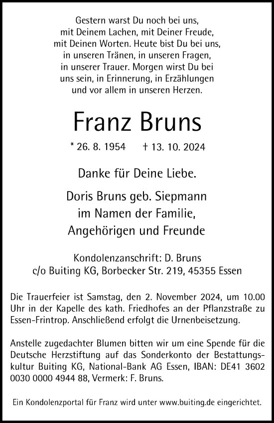 Traueranzeige von Franz Bruns von Tageszeitung