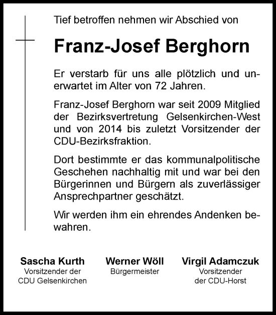 Traueranzeige von Franz-Josef Berghorn von Tageszeitung