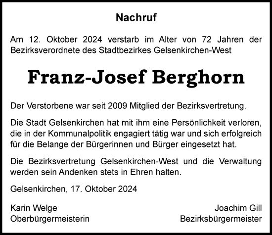 Traueranzeige von Franz-Josef Berghorn von Tageszeitung
