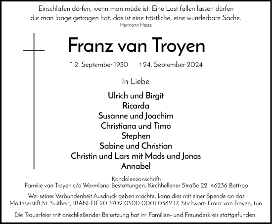 Traueranzeige von Franz van Troyen von Tageszeitung