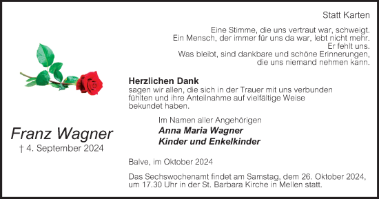Traueranzeige von Franz Wagner von Tageszeitung