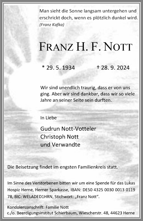 Traueranzeige von Franz H. F. Nott von Tageszeitung