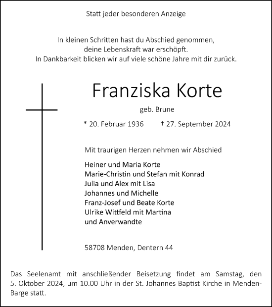 Traueranzeige von Franziska Korte von Tageszeitung