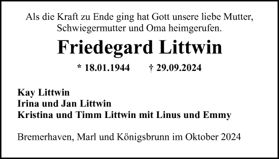 Traueranzeige von Friedegard Littwin von Tageszeitung