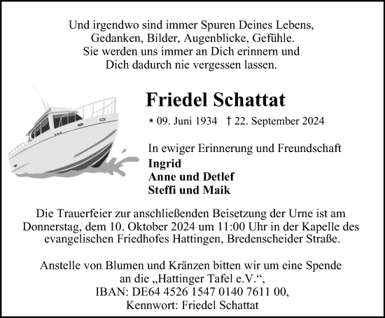 Traueranzeige von Friedel Schattat von Tageszeitung