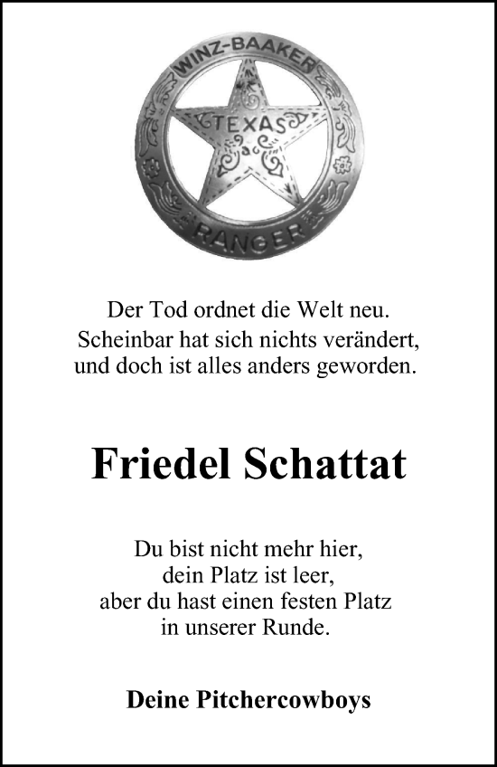 Traueranzeige von Friedel Schattat von Tageszeitung