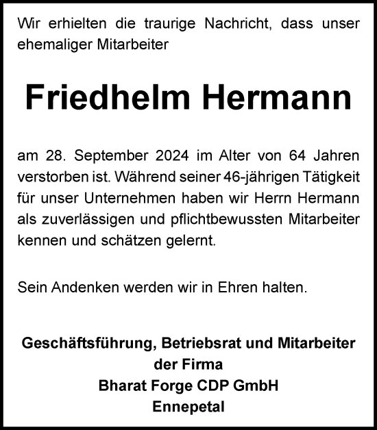 Traueranzeige von Friedhelm Hermann von Tageszeitung