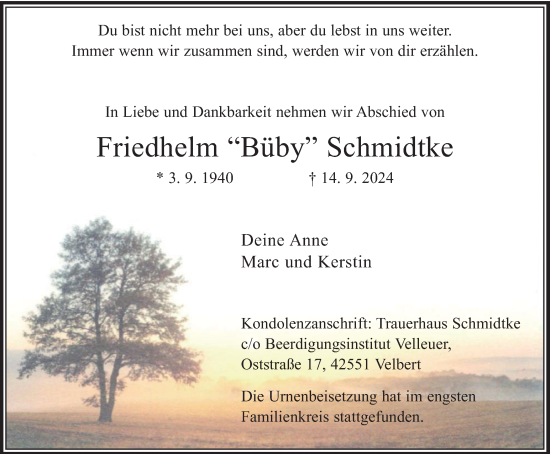 Traueranzeige von Friedhelm Schmidtke von Tageszeitung