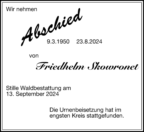 Traueranzeige von Friedhelm Skowronet von Tageszeitung