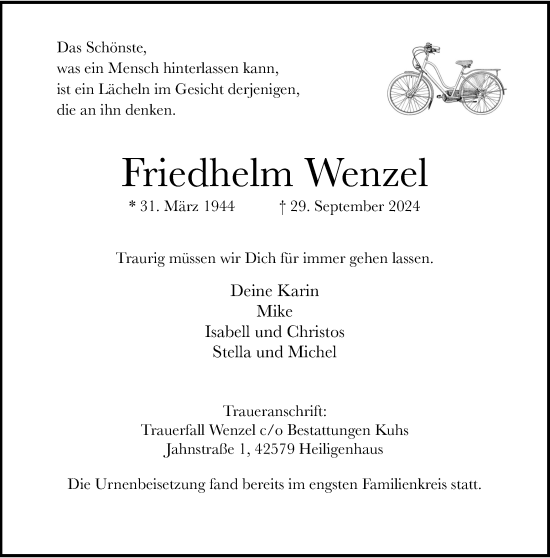 Traueranzeige von Friedhelm Wenzel von Tageszeitung
