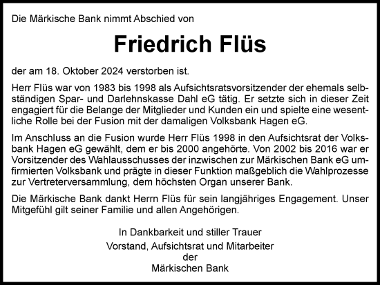 Traueranzeige von Friedrich Flüs von Tageszeitung